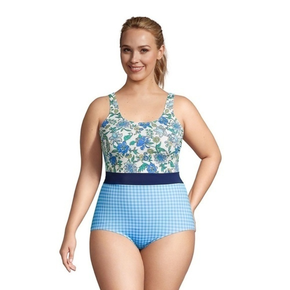 LAND’S END blue colorblock floral print cottage core one piece swimsuit size 2